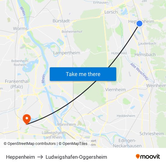 Heppenheim to Ludwigshafen-Oggersheim map