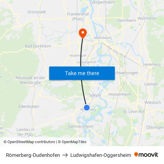 Römerberg-Dudenhofen to Ludwigshafen-Oggersheim map