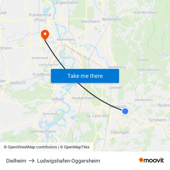 Dielheim to Ludwigshafen-Oggersheim map