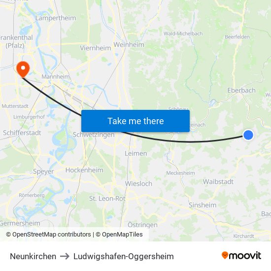 Neunkirchen to Ludwigshafen-Oggersheim map