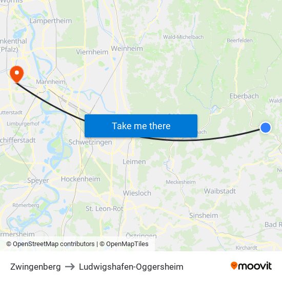 Zwingenberg to Ludwigshafen-Oggersheim map