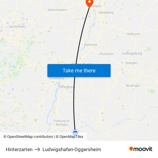 Hinterzarten to Ludwigshafen-Oggersheim map