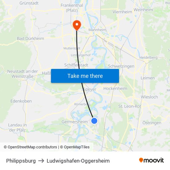Philippsburg to Ludwigshafen-Oggersheim map