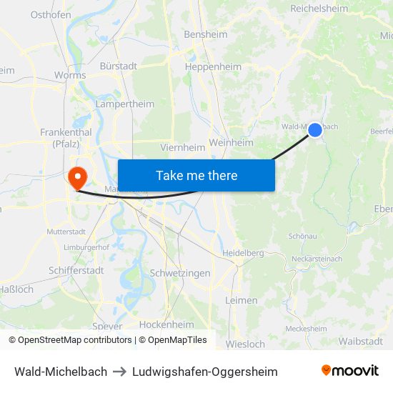 Wald-Michelbach to Ludwigshafen-Oggersheim map