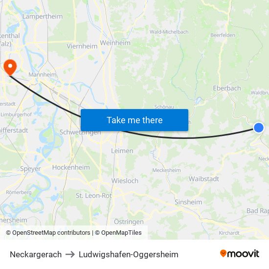 Neckargerach to Ludwigshafen-Oggersheim map