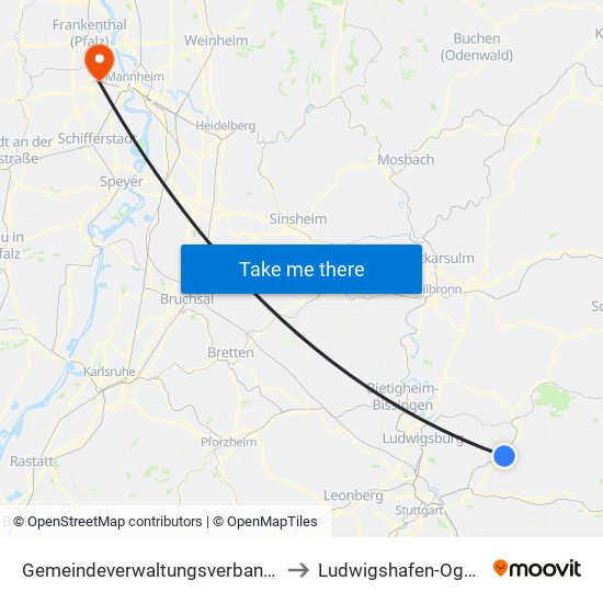 Gemeindeverwaltungsverband Winnenden to Ludwigshafen-Oggersheim map