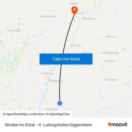 Winden Im Elztal to Ludwigshafen-Oggersheim map