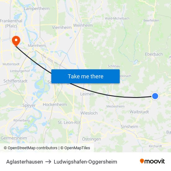 Aglasterhausen to Ludwigshafen-Oggersheim map