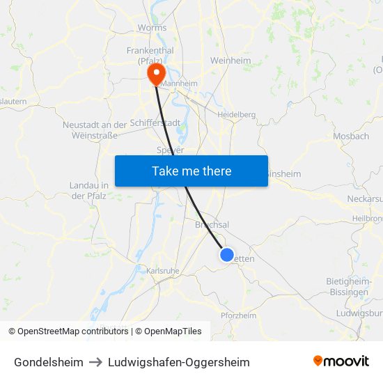 Gondelsheim to Ludwigshafen-Oggersheim map