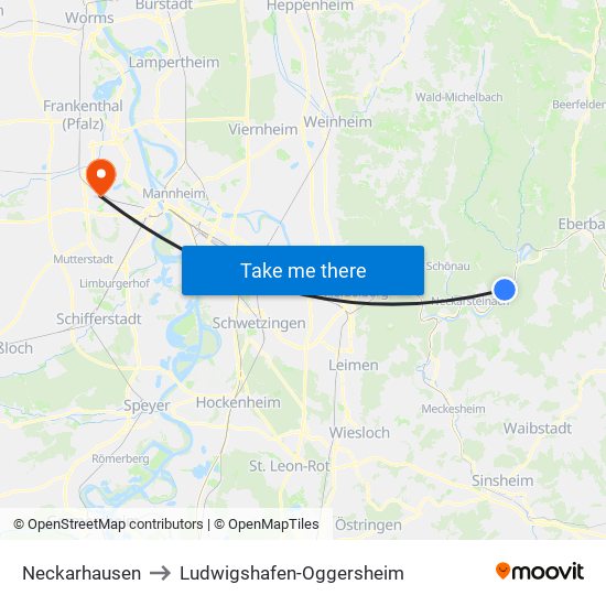 Neckarhausen to Ludwigshafen-Oggersheim map