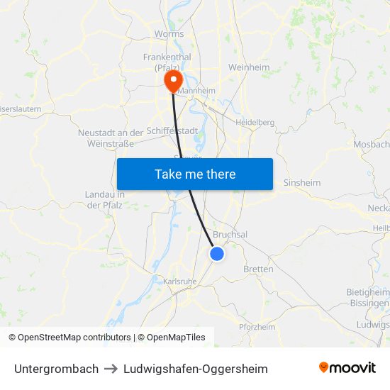 Untergrombach to Ludwigshafen-Oggersheim map