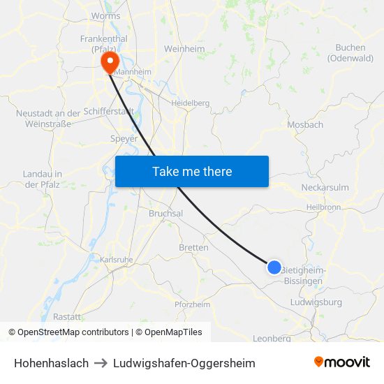 Hohenhaslach to Ludwigshafen-Oggersheim map