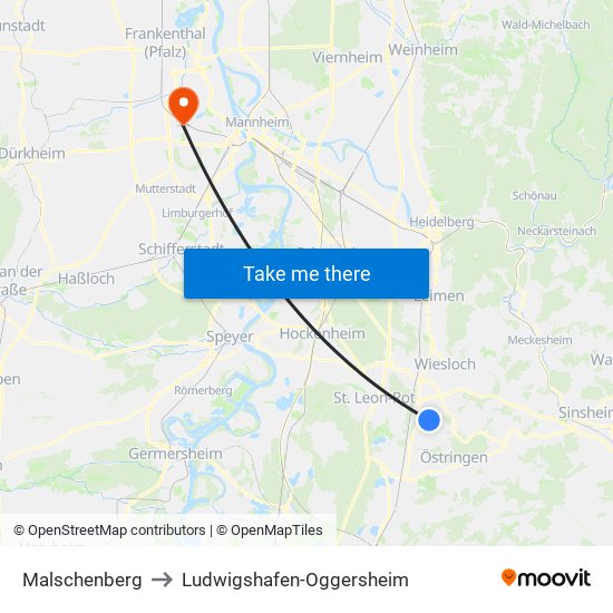 Malschenberg to Ludwigshafen-Oggersheim map