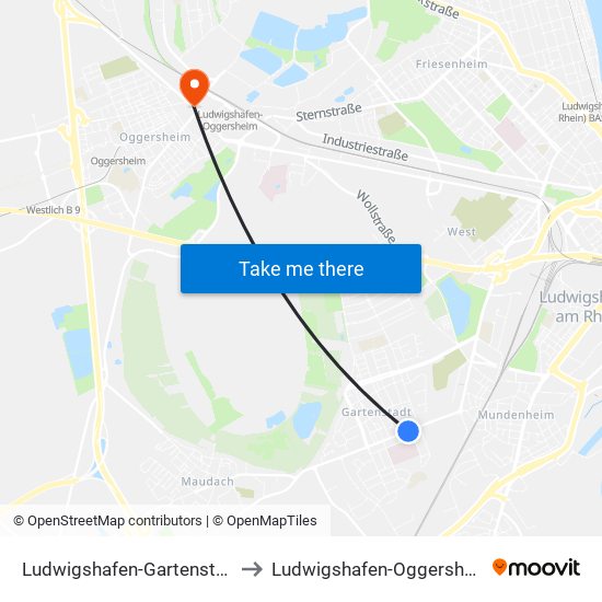 Ludwigshafen-Gartenstadt to Ludwigshafen-Oggersheim map