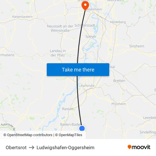 Obertsrot to Ludwigshafen-Oggersheim map