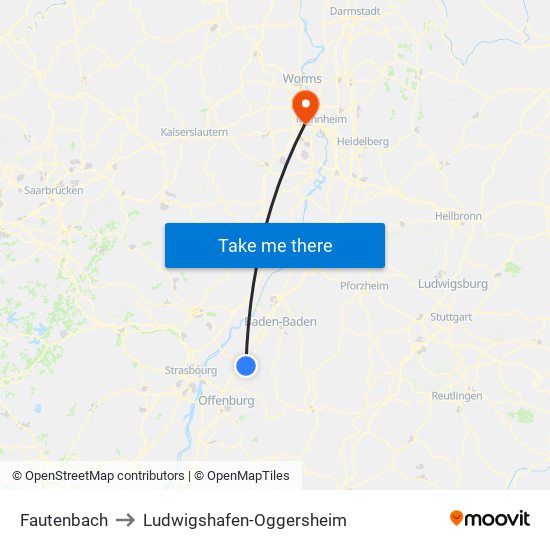 Fautenbach to Ludwigshafen-Oggersheim map