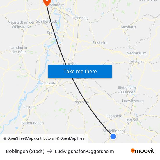 Böblingen (Stadt) to Ludwigshafen-Oggersheim map