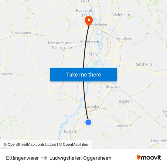 Ettlingenweier to Ludwigshafen-Oggersheim map