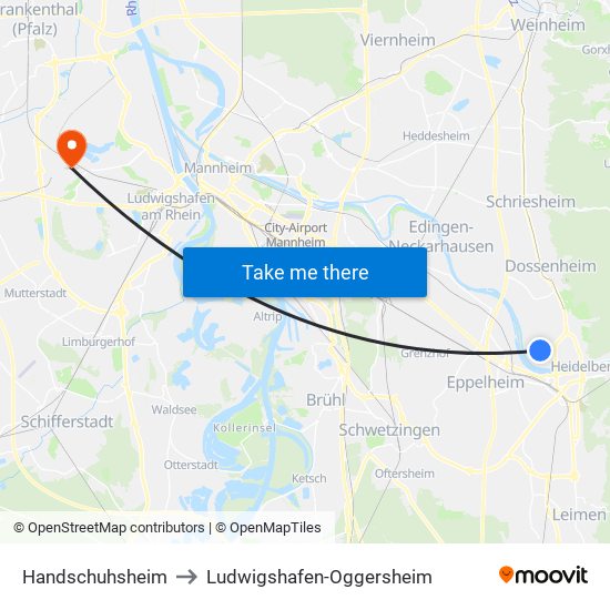 Handschuhsheim to Ludwigshafen-Oggersheim map