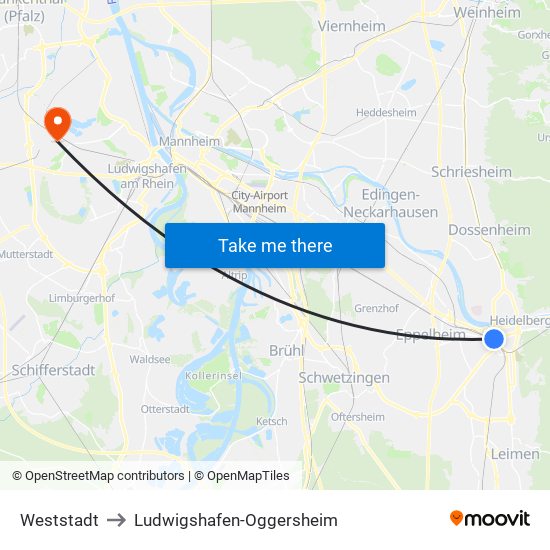 Weststadt to Ludwigshafen-Oggersheim map