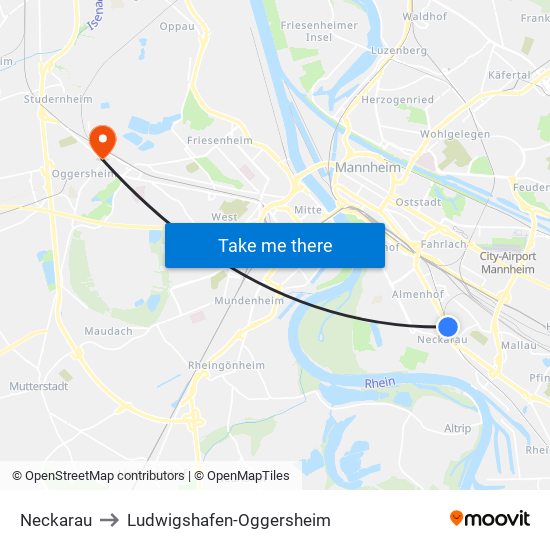 Neckarau to Ludwigshafen-Oggersheim map