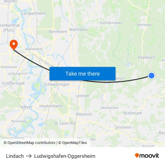 Lindach to Ludwigshafen-Oggersheim map