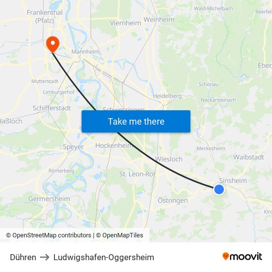 Dühren to Ludwigshafen-Oggersheim map