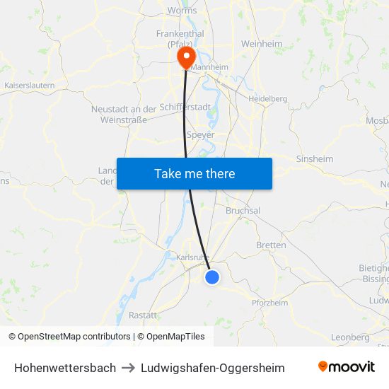 Hohenwettersbach to Ludwigshafen-Oggersheim map