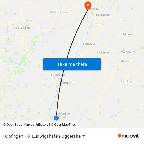 Opfingen to Ludwigshafen-Oggersheim map