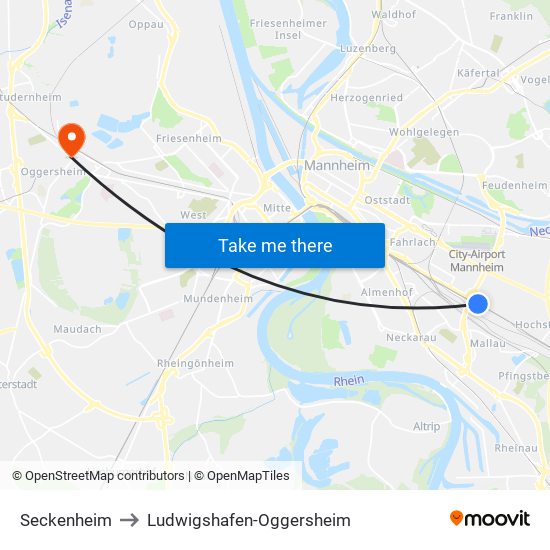 Seckenheim to Ludwigshafen-Oggersheim map