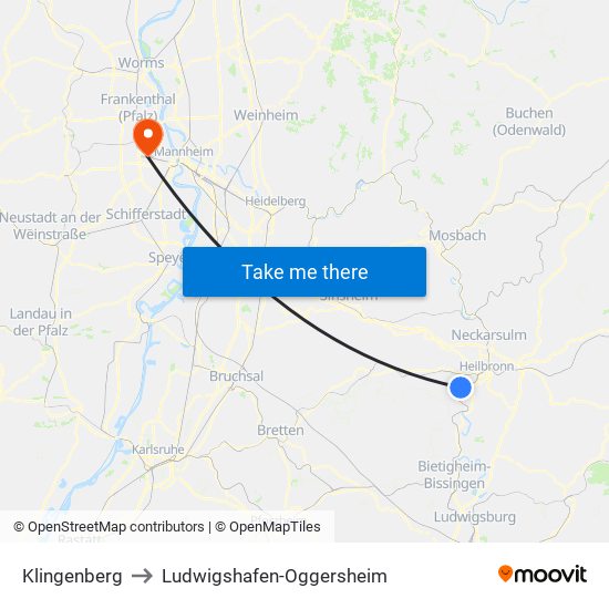 Klingenberg to Ludwigshafen-Oggersheim map
