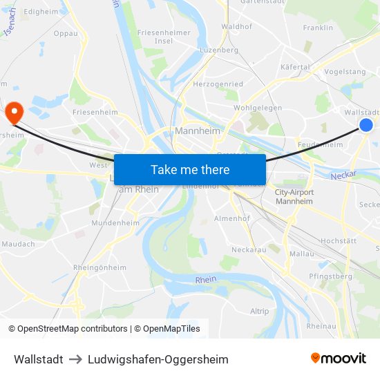 Wallstadt to Ludwigshafen-Oggersheim map