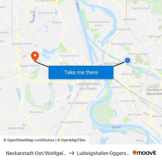 Neckarstadt-Ost/Wohlgelegen to Ludwigshafen-Oggersheim map
