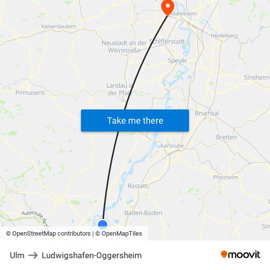 Ulm to Ludwigshafen-Oggersheim map