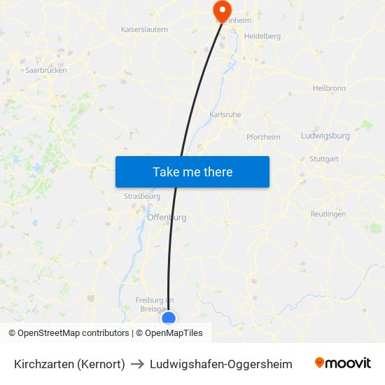 Kirchzarten (Kernort) to Ludwigshafen-Oggersheim map