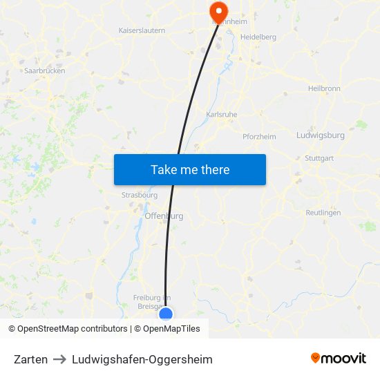 Zarten to Ludwigshafen-Oggersheim map