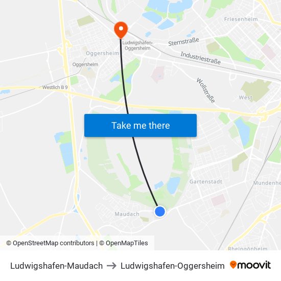 Ludwigshafen-Maudach to Ludwigshafen-Oggersheim map