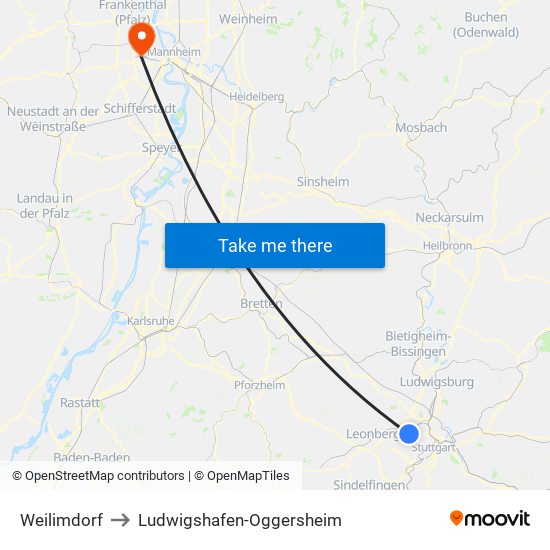 Weilimdorf to Ludwigshafen-Oggersheim map