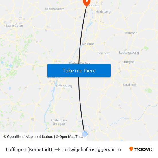 Löffingen (Kernstadt) to Ludwigshafen-Oggersheim map