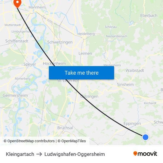 Kleingartach to Ludwigshafen-Oggersheim map