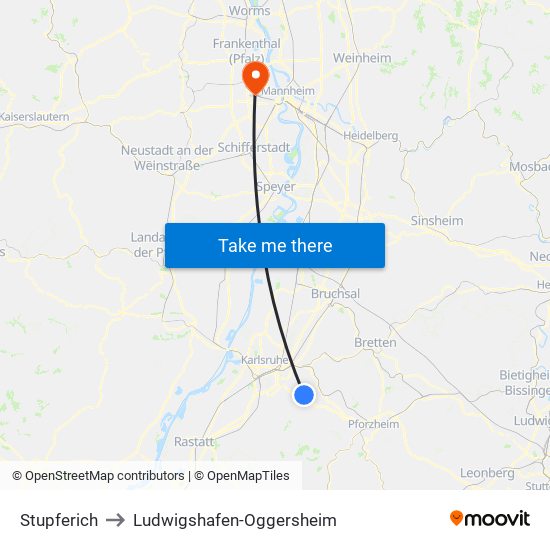 Stupferich to Ludwigshafen-Oggersheim map