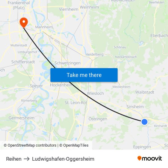 Reihen to Ludwigshafen-Oggersheim map