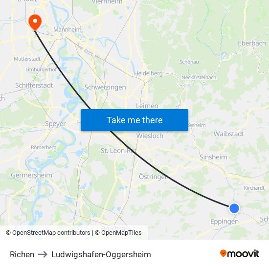 Richen to Ludwigshafen-Oggersheim map