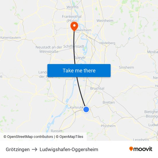 Grötzingen to Ludwigshafen-Oggersheim map