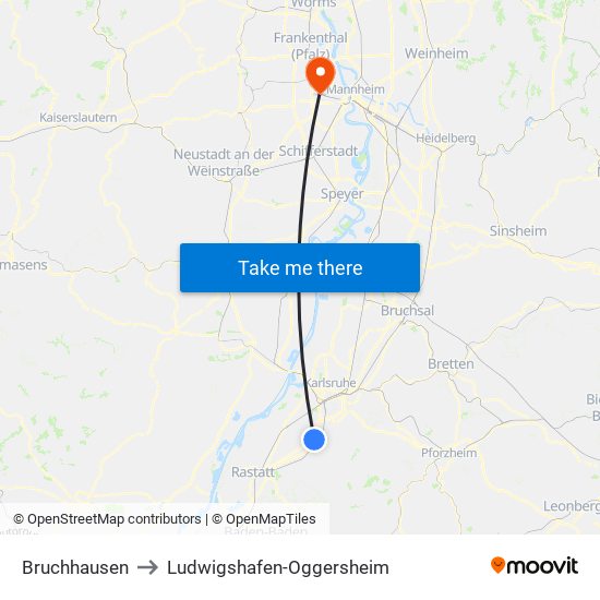 Bruchhausen to Ludwigshafen-Oggersheim map