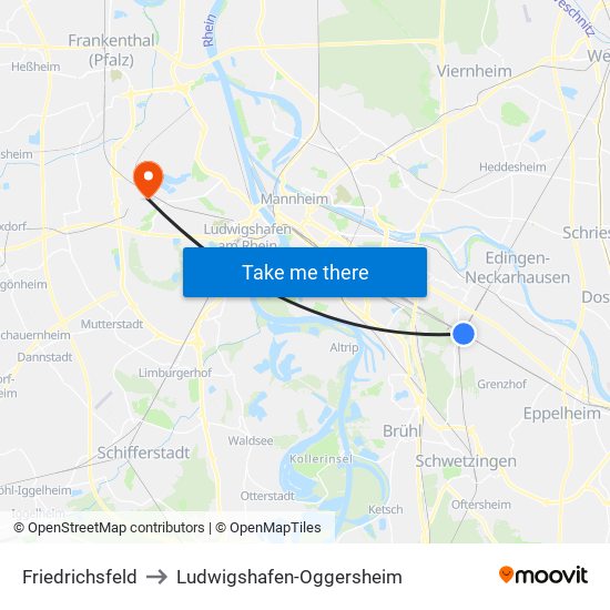 Friedrichsfeld to Ludwigshafen-Oggersheim map