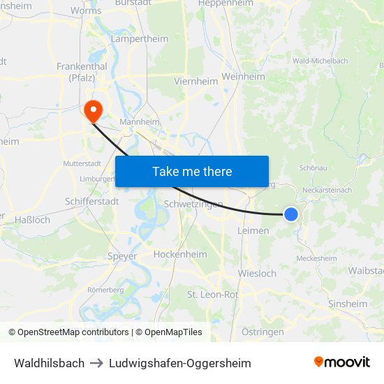 Waldhilsbach to Ludwigshafen-Oggersheim map