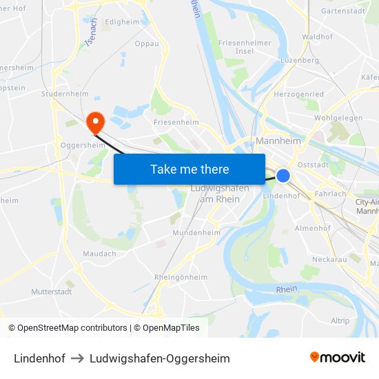 Lindenhof to Ludwigshafen-Oggersheim map