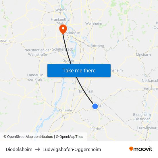 Diedelsheim to Ludwigshafen-Oggersheim map