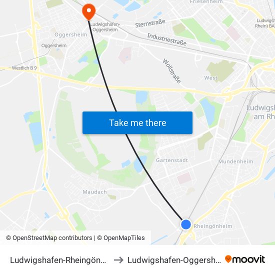 Ludwigshafen-Rheingönheim to Ludwigshafen-Oggersheim map